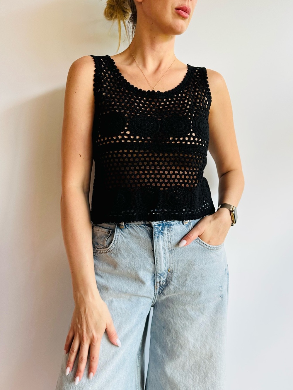 Vintage Black Crochet Open Knit Tank Top Cropped Boho Whimsygoth Boho